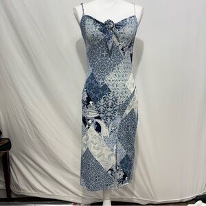 Honey & Sparkle Chic Patchwork Midi Dress in Blue and White